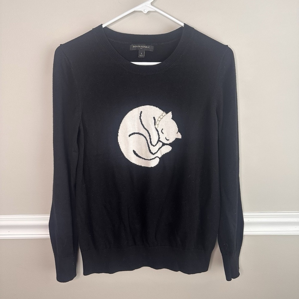 Banana Republic Black Crewneck White Cat Sweater Sm Novelty Whimsigoth Preppy